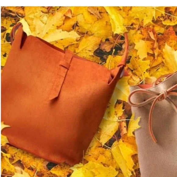 LAILA GEIR NESS Vegan Suede Orange Boho Style Bucket Bag With Coin Purse.NWOT - Picture 2 of 14